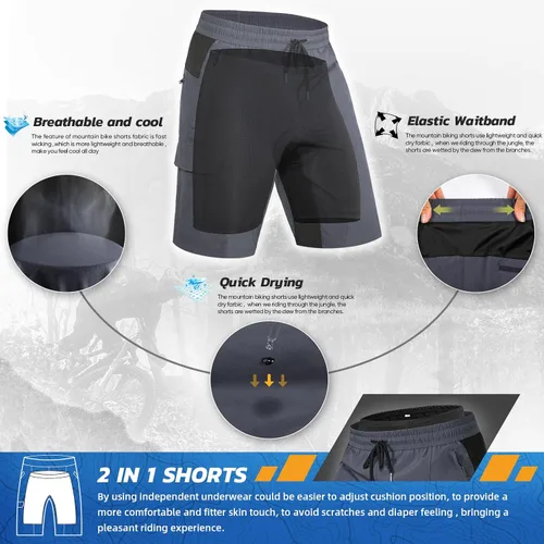 Vista 2 de Hiauspor Pantalones cortos acolchados de ciclismo de montaña para hombre, ajuste holgado, de secado rápido, para ciclismo con 5 bolsillos