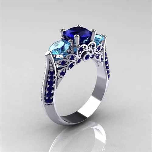Vista 5 de Creative Fashion - Anillo de plata 925 brillante con tres piedras y zafiro con piedra natal de aguamarina azul, anillo de compromiso de eternidad