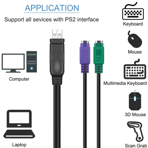 Vista 4 de Adaptador PS/2 a USB, cable adaptador de teclado y ratón, PS/2 hembra a USB A macho con chip, 2 cables convertidores 2 en 1 PS-2 a USB 2.0