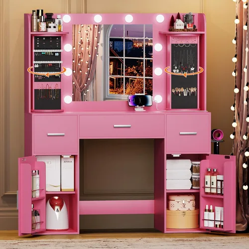 Vista 8 de EasyCom - Mesa de tocador con organizadores de joyería giratorios, tocador de maquillaje con espejo y luces, mesa de vestir con estación de carga