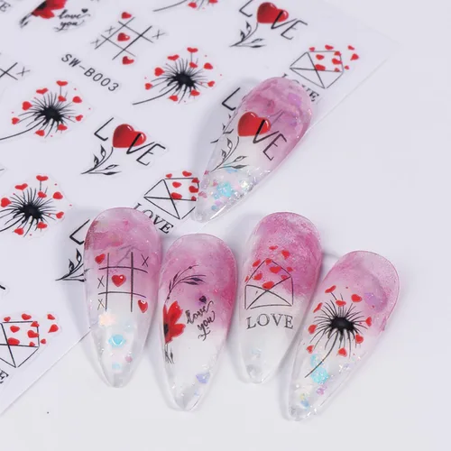 Vista 5 de Calcomanías de uñas de San Valentín, 6 unidades, calcomanías de uñas de corazón 3D, autoadhesivas, calcomanías de arte de uñas, diseño de flores