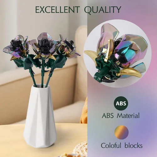 Vista 3 de Conjunto de construcción de ramo de flores de rosas KIYOJIN, colección botánica de planta artificial arcoíris compatible con Lego, regalo