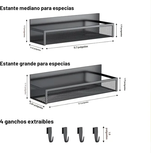 Vista 2 de Aufworld Estante magnético para especias para refrigerador, paquete de 2 estantes magnéticos, organizador magnético para refrigerador con 4 ganchos