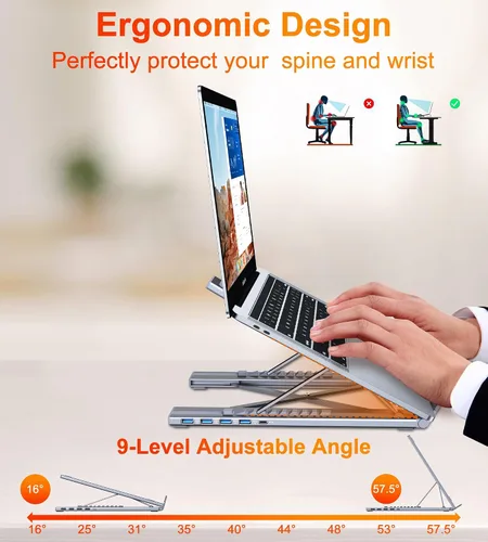 Vista 4 de Base de acoplamiento USB C de 5 en 1 con soporte para portátil de aluminio ajustable, concentrador USB C con 4 puertos USB A 3.0 con transferencia