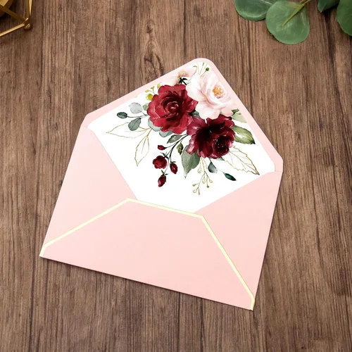 Vista 7 de DORIS HOME 25 invitaciones de boda rosadas con sobres y tarjetas RSVP con rosa burdeos y sobre con borde dorado para compromiso, quinceañera