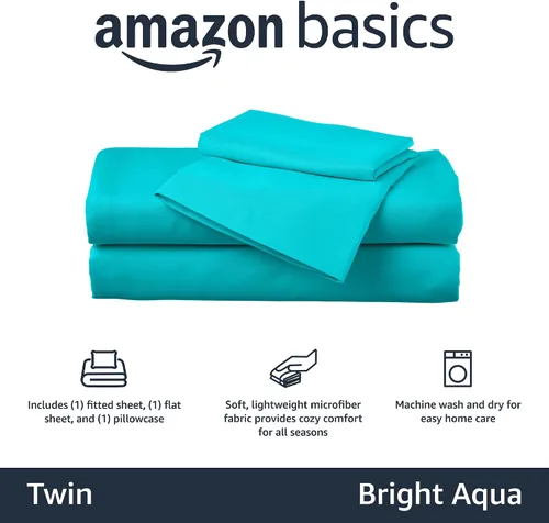 Vista 2 de Amazon Basics Juego de sábanas para niños de microfibra ligera, suave y fácil de lavar, 3 piezas, tamaño Twin, Aqua brillante, diseño sólido