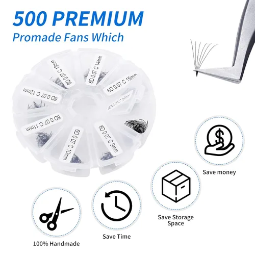 Vista 43 de Extensiones de pestañas de 1200 fans, prefabricadas, con volumen, 9-20mm, bandeja mixta, 20D, con punta en C, base puntiaguda, extensiones