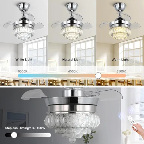 Vista 2 de Ventilador de techo LED de cristal de 22 pulgadas con luz, lámparas pequeñas regulables de 6 velocidades con temporizador, ventilador Chandeleir