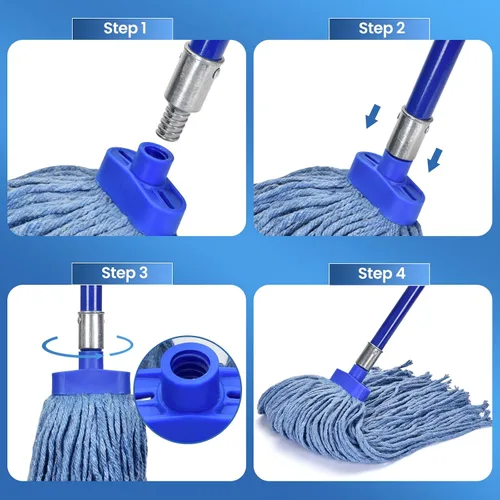 Vista 6 de Matthew - Cabezales de repuesto para trapeador húmedo de algodón resistente (azul, mediano, paquete de 12) con 2 paños de microfibra para uso
