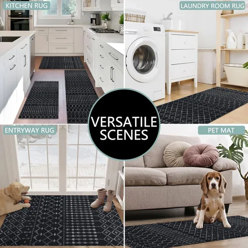 Vista 6 de Juego de 3 alfombras de cocina estilo bohemio, marroquí, modernas, para piso, patrón geométrico, antideslizantes, lavables, para decoración