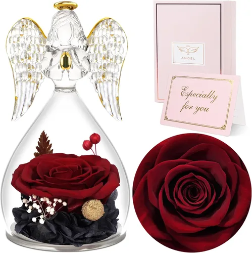 Vista 19 de Sunia Regalos para mamá, regalos de cumpleaños para mujeres, rosas reales preservadas en figura de ángel de cristal, flores eternas para la entrega