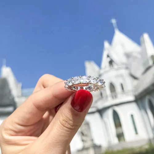 Vista 7 de Ainuoshi - Anillo de eternidad, anillo de plata de ley 925 para mujer, esmeralda, ovalada, radiante, redondo, corte cojín, de circonia cúbica