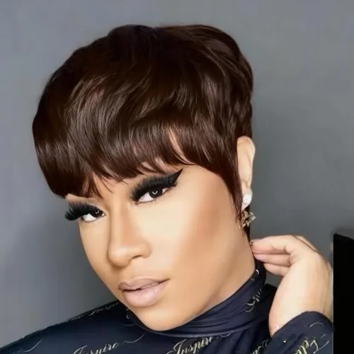 Vista 3 de Pelucas cortas de cabello humano estilo Pixie para mujeres negras, cabello brasileño virgen, corte natural marrón, sin pegamento, con flequillo