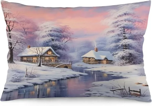 Vista 16 de Funda de almohada con escena de pueblo navideño con niños, fundas de almohada de 12 x 20 pulgadas, almohadas decorativas de Navidad para sofá, funda