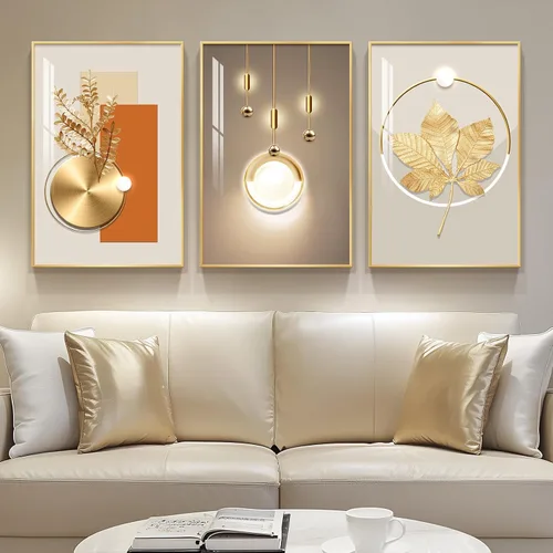 Vista 43 de Arte de pared moderno enmarcado en blanco y negro, 3 piezas de impresiones contemporáneas grandes para paredes, juego de 3 imágenes de hojas doradas