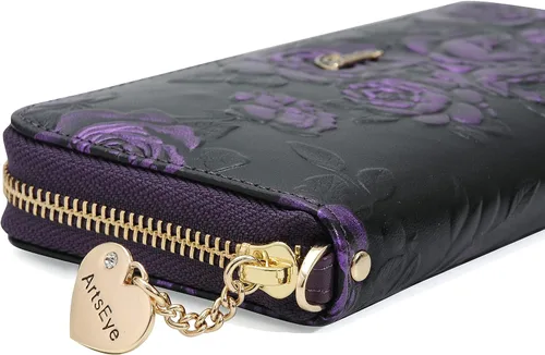 Vista 6 de ArtsEye Rose - Cartera de piel auténtica con cremallera larga