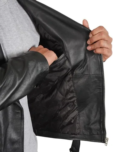 Vista 5 de SpazeUp Chaqueta de cuero negro para hombre - Asimétrico Brando Style Casual Chaqueta de cuero real para hombre