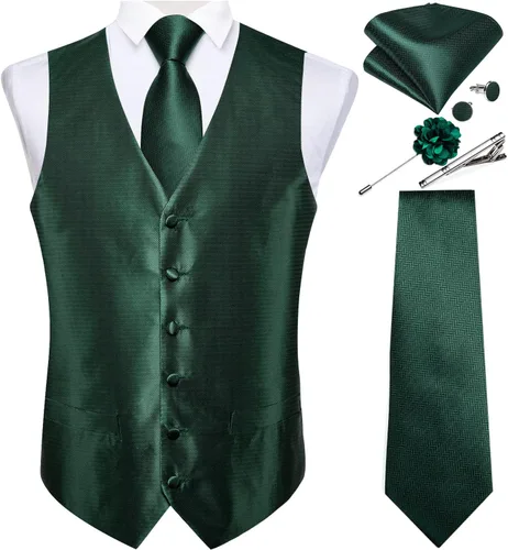 Vista 10 de DiBanGu Juego de chaleco y corbata para hombre, chaleco formal de cachemira y corbata con bolsillo cuadrado y gemelos, de seda, para traje o Verde