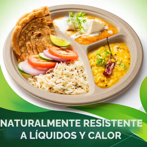 Vista 6 de 150 platos de papel marrón 100% compostables de 10 pulgadas, platos desechables resistentes de 3 compartimentos, platos seccionales ecológicos