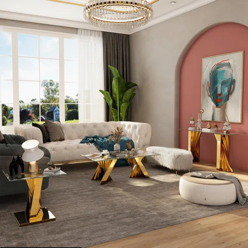Vista 5 de Mesa auxiliar de cristal dorado, mesa auxiliar cuadrada moderna de 24 pulgadas para sala de estar