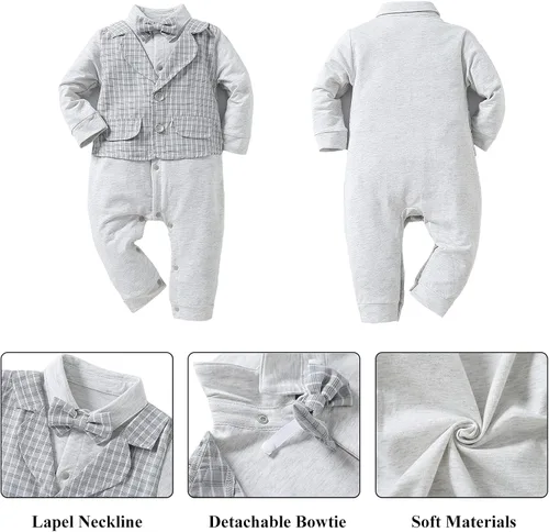 Vista 4 de HOSUKKO - Traje de bebé para caballero, mamelucos + boina + corbatín (0-24 meses)