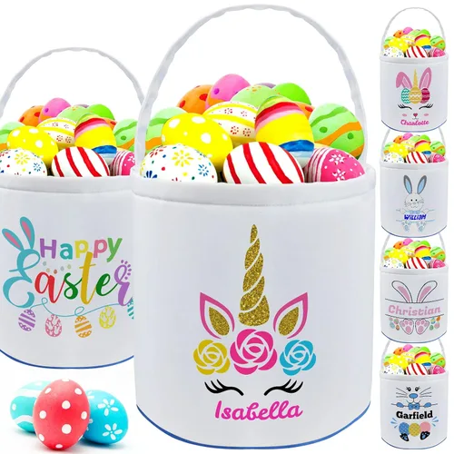 Vista 16 de Cesta de Pascua personalizada con nombre para niñas, niños y niños, cesta de Pascua personalizada bolsas de regalo para caza de huevos de Pascua