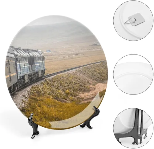 Vista 4 de Plato de tren ferroviario para decoración de pared de oficina en casa, plato decorativo con soporte de exhibición, adorno de cerámica, arte