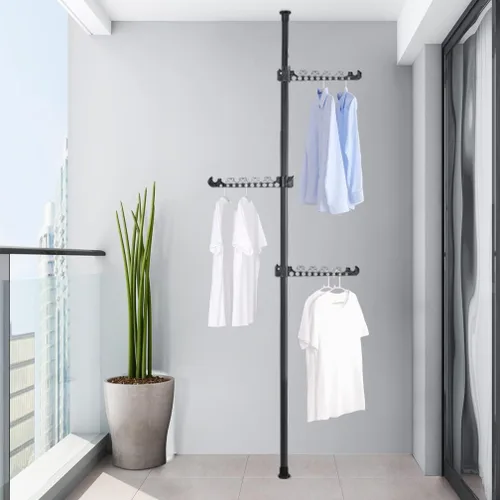 Vista 6 de Hershii - Perchero telescópico para colgar ropa, poste de tensión 4 Tiers Coat Tree Garment Drying Stand Floor to Ceiling Corner Storage Organizer