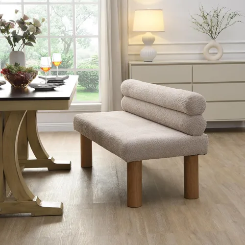 Vista 11 de GDFStudio Banco tapizado de bouclé con respaldo para comedor, banco de entrada estilo granja con patas de madera de goma, banco largo para Beige