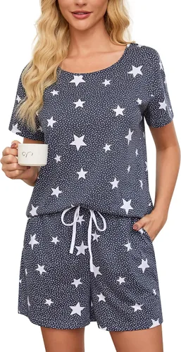 Vista 12 de ENJOYNIGHT - Conjunto de pantalones cortos de pijama para mujer, pijamas de algodón para verano, ropa de dormir con bolsillos Negro