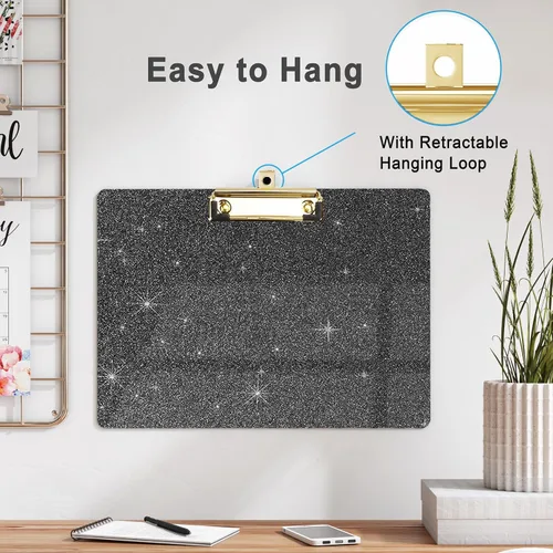 Vista 5 de Portapapeles acrílico con purpurina horizontal, tamaño estándar A4, bonitos portapapeles con clip de perfil bajo para dibujar, suministros de arte
