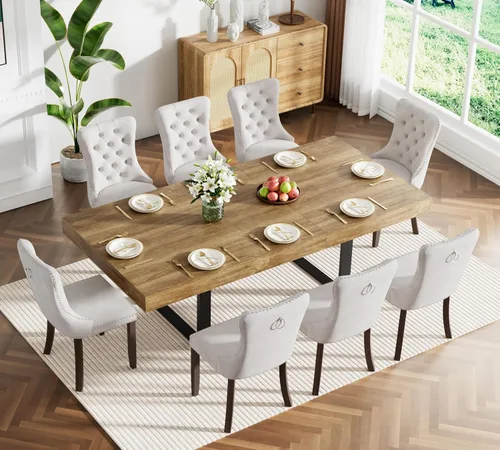 Vista 12 de Juego de mesa de comedor extensible marrón de 63 a 78.74 pulgadas para 4, juego de mesa de comedor de 5 piezas con 4 sillas tapizadas, mesa