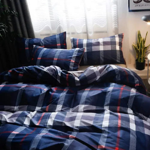Vista 5 de Wellboo - Juego de edredón de tamaño King, color azul marino a cuadros, ropa de cama geométrica de tartán, edredón de algodón, para hombres y 3-azul