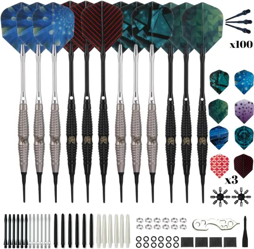 Vista 9 de Shot Taker Co. - Juego de dardos de punta suave, 12 piezas con 100 puntas de dardos adicionales, 24 protectores de vuelo y llave para tablero