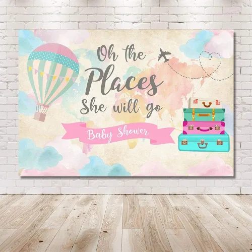 Vista 6 de Decoración de fiesta de baby shower de niña de viaje, telón de fondo, mapa rosa, maletas, viajes alrededor del mundo, globo aerostático, Oh The