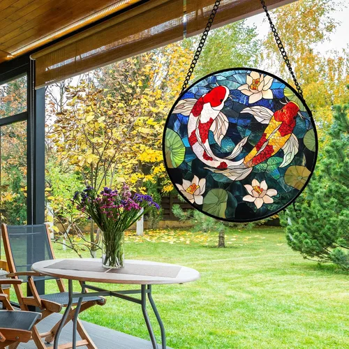 Vista 4 de Atrapasoles de Vidrio Manchado para Colgar en Ventanas, Koi y Loto para Puerta, Decoración del Hogar, Atrapasoles de Pescado, Regalos de Navidad