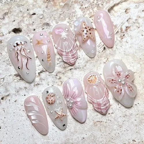 Vista 8 de Uñas postizas a presión de almendra, uñas postizas medianas con diseños de estampado francés de lámina dorada 3D, pegamento dorado Starlight en uñas