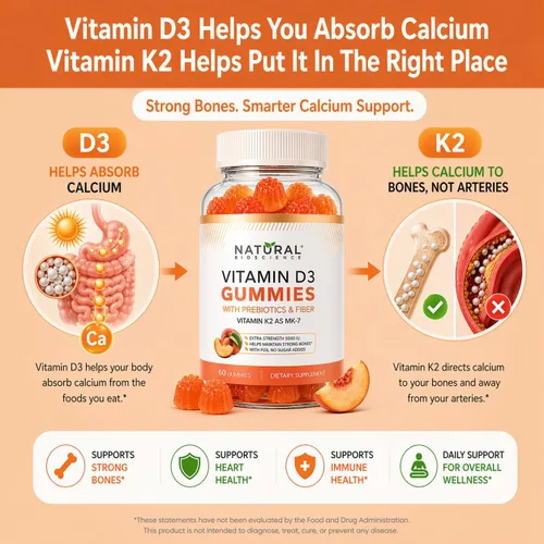 Vista 3 de Gomitas de vitamina D3 K2 sin azúcar 5000 UI + K2 MK7 80 mcg - Gomitas de vitamina D para adultos con prebióticos y fibra - Apoya los huesos