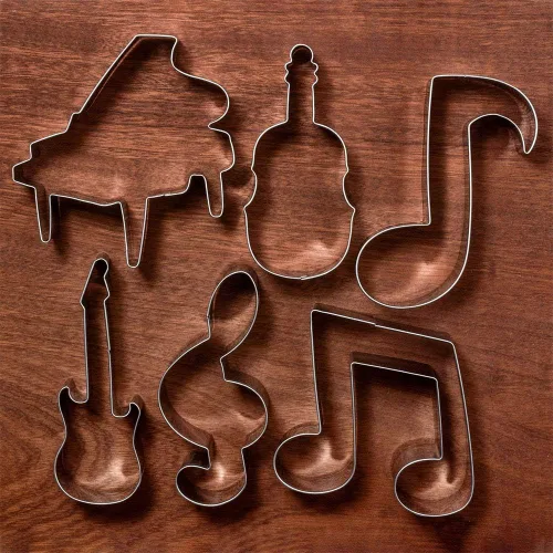 Vista 6 de LILIAO Juego de 6 cortadores de galletas musicales, para violín, piano, guitarra eléctrica, nota musical, clave G y octava nota para fondant, acero