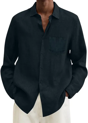 Vista 5 de Camisa de algodón y lino para hombre, talla grande, ajuste holgado, manga larga, cuello abatible, casual, tops de verano