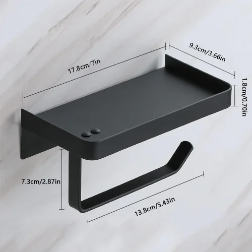Vista 6 de Soporte adhesivo de papel higiénico con estante, soporte de rollo de papel higiénico de acero inoxidable 304, dispensador de papel higiénico