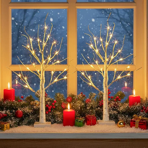 Vista 5 de EAMBRITE Árbol de abedul iluminado para decoración de Navidad para interiores para el hogar, paquete de 24 luces LED, funciona con baterías/USB