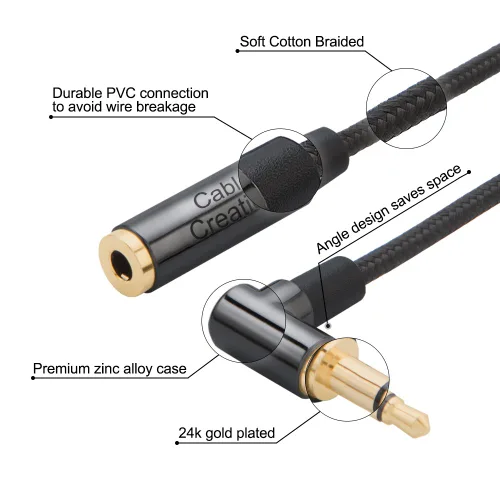Vista 2 de CableCreation Cable de extensión de auriculares de 3.5mm 1.5 pies/0.45 m, cable estéreo de audio de ángulo recto de 3.5mm con cobre plateado