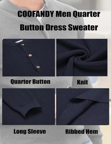 Vista 5 de COOFANDY Suéter de punto Henley para hombre, de manga larga, con botones, suéter casual
