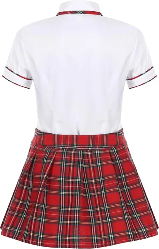 Vista 5 de Fldy Conjunto de uniforme de colegialas para mujer camisa de cosplay con mini falda a cuadros disfraz de estudiante