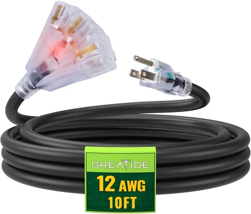 Vista 11 de Cable de extensión iluminado para exteriores de 6 pies con 3 tomas de corriente eléctrica - Cable de extensión negro resistente SJTW 12/3
