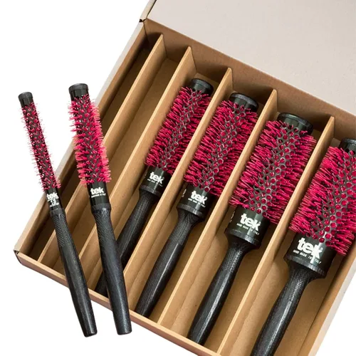 Vista 2 de TEK Ceramik Oxy - Juego completo de cepillos redondos profesionales (6 tamaños) con barril de cerámica tratada con oxígeno y mango de madera, kit