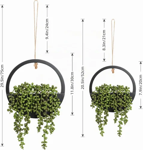 Vista 2 de Floweroyal 2pcs Plantas Suculentas Artificiales Colgantes 20.1'' Cadena de Perlas Falsas en Maceta con Cordón de 9.4'' para Decoración de Pared