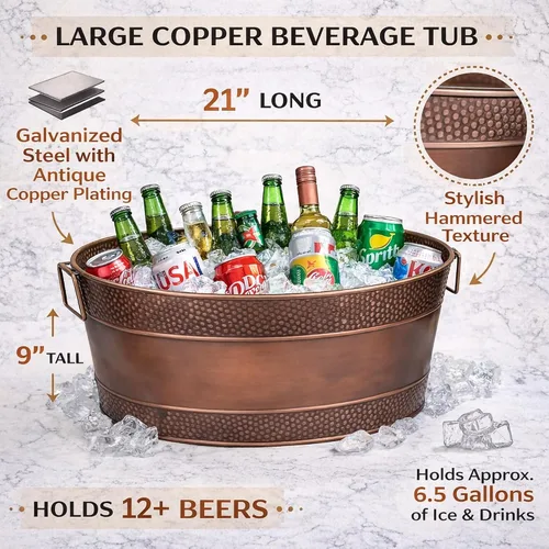 Vista 5 de BREKX Aspen Tina Galvanizada, Enfriador de Hielo y Bebidas de Metal con Acabado de Cobre para Fiestas, Enfriador de Fiestas Sellado Resistente a