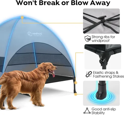 Vista 5 de Cama para Perros al Aire Libre Veehoo con Toldo, Catre Elevado Refrescante para Mascotas con Sombra Removible, Patas Antideslizantes, Catre Elevado